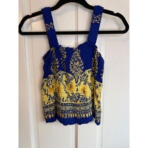 Magic Women Blue Yellow Floral Paisley Smocked Tank Top Crop Cami Small